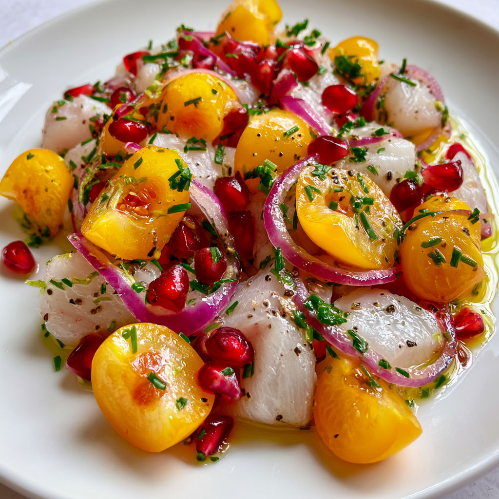Dorade marinée au citron vert, mirabelles et grenade pour une assiette pleine de fraîcheur.