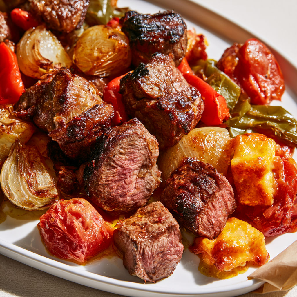 Gigot d’agneau confit aux poivrons, tomates et fromage, cuit doucement en papillote.