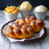 Un pain brioché doré et moelleux, saupoudré de sucre, accompagné de petits morceaux de mangue, de crème chantilly et d'une boule de glace.