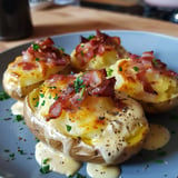 Des pommes de terre au four garnies de bacon croustillant, de sauce crémeuse et de persil frais, servies sur une assiette.