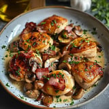 Un plat de poulet doré, agrémenté de champignons et de morceaux de bacon, garni de persil frais, servi dans une sauce crémeuse.