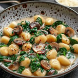 Un plat de gnocchis crémeux aux épinards et champignons, garni de poivre et de piment rouge.