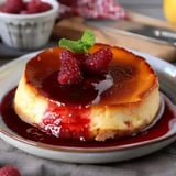 Un flan garni de framboises et de sauce rouge, décoré d'une feuille de menthe, sur une assiette.