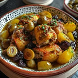 Plat de poulet aux olives et fruits secs, servi dans un plat coloré.