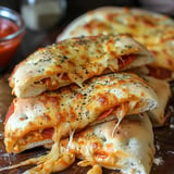 Des calzones chauds et garnis de fromage avec de la sauce tomate, présentés sur une planche en bois.