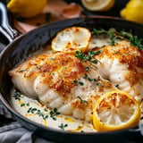 Un plat de poisson cuit avec des tranches de citron, garni de thym, reposant dans une sauce crémeuse.