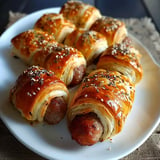 Des petits rouleaux feuilletés fourrés à la saucisse, dorés et saupoudrés de graines de sésame et d'herbes.