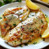 Deux filets de poisson dorés, garnis de sauce au beurre et parsemés de persil, accompagnés de quartiers de citron sur une assiette.