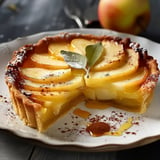 Une tarte aux pommes garnie de tranches de pomme dorée, avec un sirop et une touche de cannelle sur une assiette.