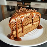 Une part de gâteau au chocolat avec un glaçage coulant, décorée de miettes de biscuit, est présentée sur une assiette.