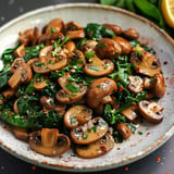 Un plat de champignons sautés avec des feuilles de greens, garni de persil et d'épices.