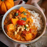 Un bol de riz accompagné d'un curry de potiron, garni de tomates cerises, de coriandre et de cacahuètes, se trouve à côté d'une petite citrouille.