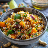 Un bol de riz coloré garni de morceaux de potiron, de cacahuètes, de coriandre et de graines de sésame, avec une lime à côté.