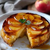 Un gâteau aux pommes caramélisé avec une part découpée, décoré de feuilles de menthe sur une assiette.