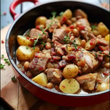 Sauté de porc aux flageolets, pommes de terre et lardon