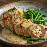 Une assiette de porc grillé avec une sauce à la crème et à la moutarde.