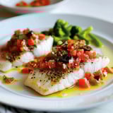 Poisson blanc avec sauce vierge aux olives.