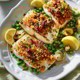 Poisson croustillant au citron et aux tomates séchées, avec des légumes verts et des herbes, sur un plateau.