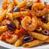 Une plate de pâtes aux crevettes et aux olives, avec des olives et des herbes vertes, est servie sur un plateau.
