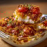 Une portion de crumble de cabillaud, avec des tomates et des herbes, est servie dans un bol sur une table.