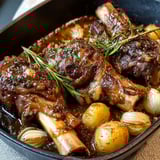 Souris d'Agneau Confite au Miel et aux Herbes - Un plat de viande de mouton confite dans une sauce épicée, avec des herbes et du miel.