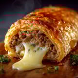 Un délicieux roulé feuilleté à la viande hachée et fromage fondant, avec une sauce au beurre fondu qui coule à l'intérieur.