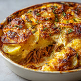 Une gratin de pommes de terre à l'agneau est servie dans un plat en céramique.