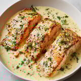 Saumon grillé avec une sauce au crème et moutarde.
