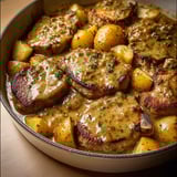 Une casserole de côtelettes de porc étouffées avec pommes de terre en sauce.