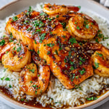Plate of shrimp and fish with a brown sauce on top.