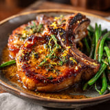 Une assiette de côtelettes de porc au citron et au thym, accompagnées de légumes verts.