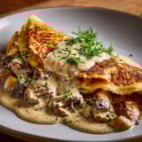 Une pâte de pancakes avec une sauce aux champignons et herbes.