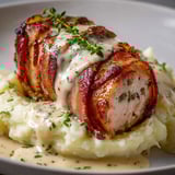 Un filet de porc tendré, en habit de lard et accompagné de purée maison, est présenté sur un plateau.