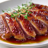 Une poignée de magret de canard grillé avec une sauce au miel et vinaigre balsamique.