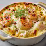 Une cassolette de fruits de mer gratinée, avec des moules de langoustines et des herbes, est servie dans un bol.