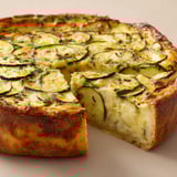 Une pièce de flan de courgettes est servie sur une table.