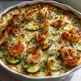 Une casserole de courgettes et crevettes gratinées à l'ail, servie dans un bol blanc.