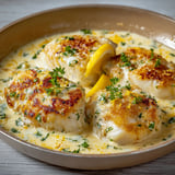 Un plat de dos de cabillauds à la crème de Parmesan et zeste de citron.