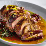 Porc braisée aux épices douces, servie sur un plateau en porcelaine.