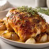 Un roti de dinde au four, garnie d'herbes et de sauce, est servie sur un plateau.