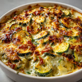 Un plat de gratin de courgettes aux lardons, servit sur un plateau en porcelaine.