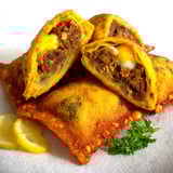 Un brick à la viande hachée et œuf est présenté sur une assiette blanche.