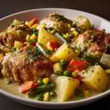 Une assiette de poulet et légumes, tels que des carottes et des poivrons, est servie sur une table.