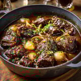 Une casserole de viande flamande à la bière rousse est servie sur une table.