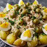 Une salade de pommes de terre, thon, œufs et olives est servie sur un plateau.