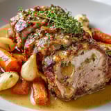 Un roti de veau confit, jus clair et chair fondante, accompagne de carottes et d'herbes.