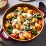 Une cocotte de gnocchis à la sauce tomate crémeuse, épinards et mozzarella est servie sur une table blanche.