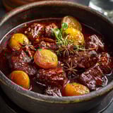 Daube de veau aux coings et kumquats, une recette savoureuse et délicieuse, est servie dans un bol en terre.