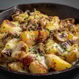 Une truffade de pomme de terre et châtaigne au laguiole est servie dans un bol en fonte.