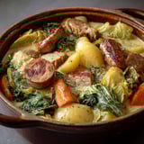 Une potée savoyarde aux diots est servie dans un bol